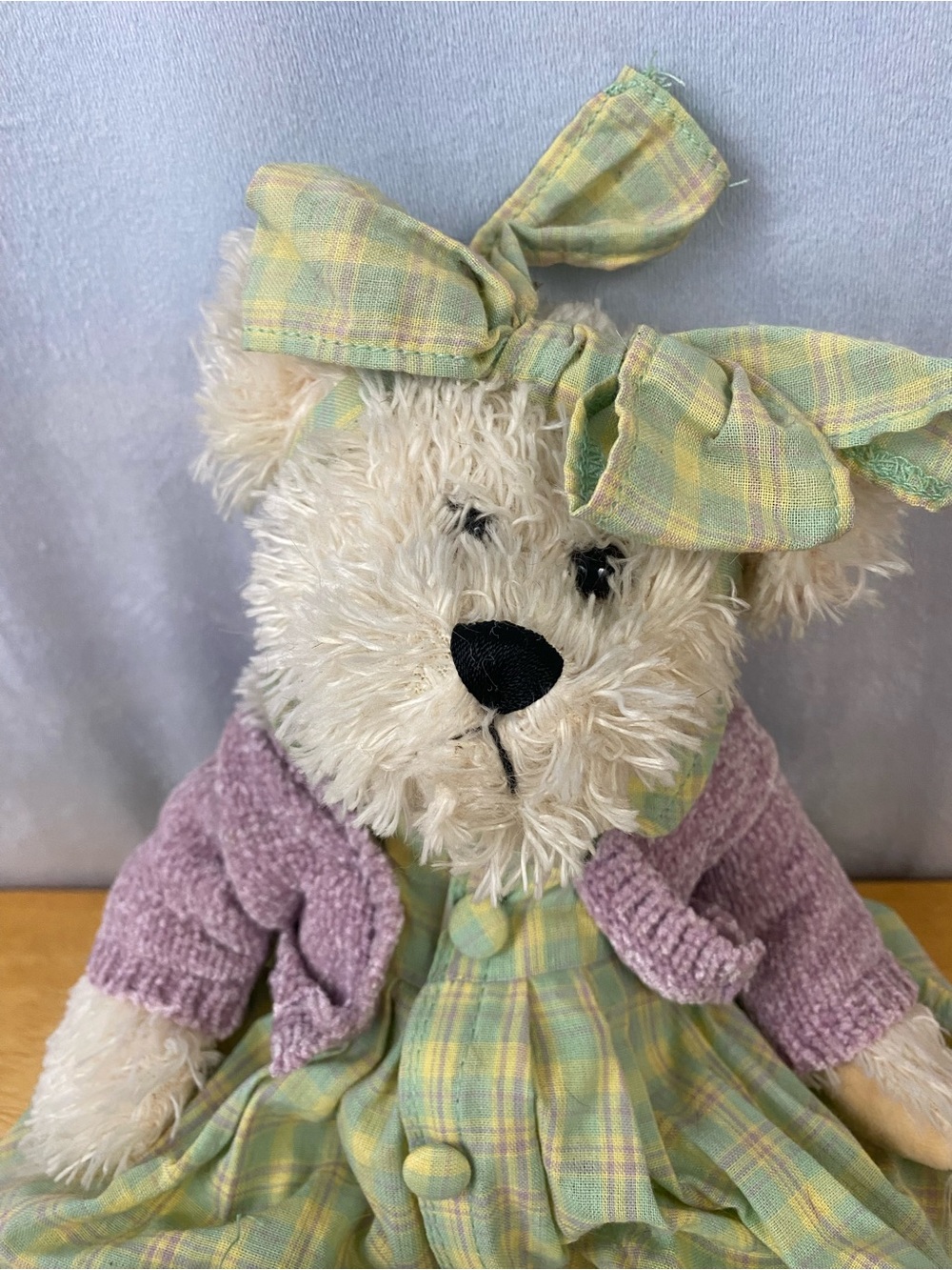 Plush Cream Teddy Bear in Pastel Green Plaid Dress with Lavender Cardigan